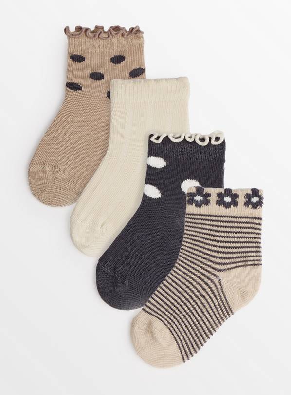 Neutral Spot & Stripe Print Socks 4 Pack 1-6 months